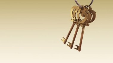 Bej arka plandaki yeni evden gelen altın anahtarlarla metalik halka animasyonu, pürüzsüz döngünün animasyonu 
