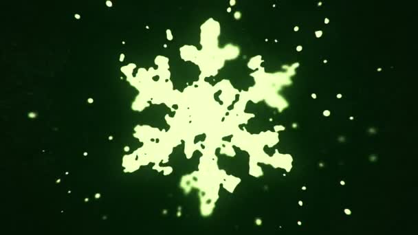 Fliegende Flüssigkeiten Und Flüssige Partikel Bilden Schneeflockensymbol Auf Dunklem Hintergrund — Stockvideo