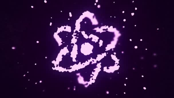 Fliegende Flüssigkeiten Und Flüssige Teilchen Bilden Atom Symbol Auf Dunklem — Stockvideo