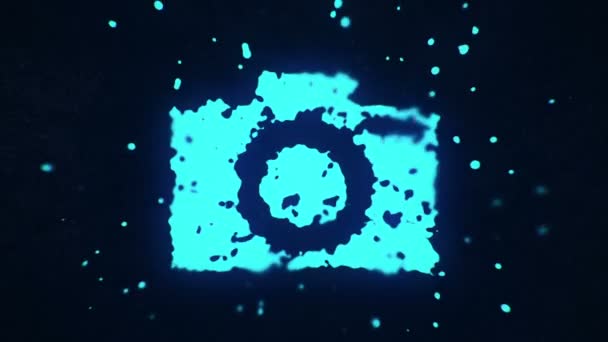 流体粒子と液体粒子は暗い背景にカメラのネオンブルーを形成し — ストック動画