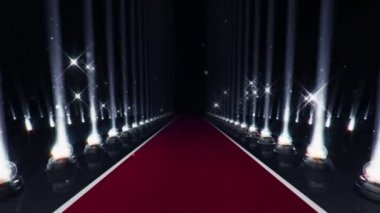 Kırmızı halıdaki yavaş hareketin soyut animasyonu, parlak zemindeki projektörler için ampuller ve arka planda titreşen düşen parçacıklar. Kusursuz döngünün animasyonu 