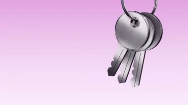 Mor arka plandaki yeni evden gümüş anahtarlarla metalik halka animasyonu, pürüzsüz döngünün animasyonu 