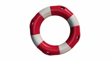 Yavaş dönüşün animasyonu beyaz arkaplanda izole edilmiş beyaz ve kırmızı can simidi, pürüzsüz döngünün animasyonu 