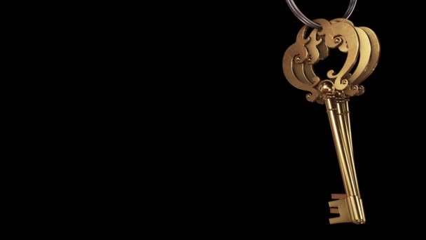 Animation Metallic Ring Golden Keys New Home Black Background Animation — Stock Video