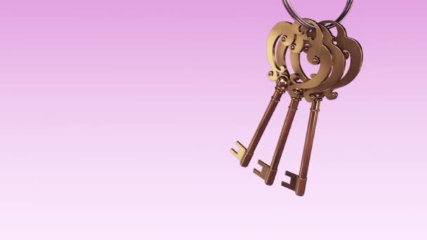 Animation Metallic Ring Golden Keys New Home Purple Background Animation — Stock Video