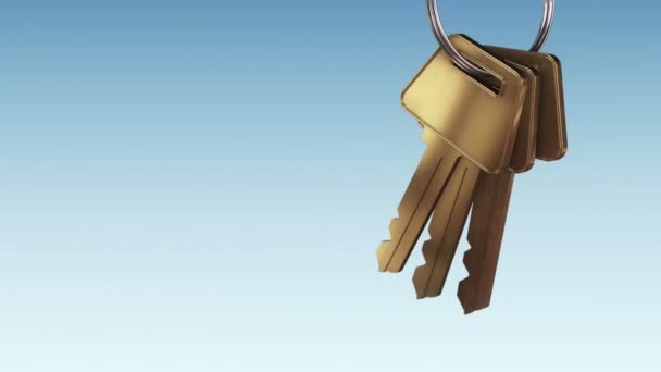 青い背景の新しい家から黄金の鍵と金属リングのアニメーション シームレスなループのアニメーション — ストック動画