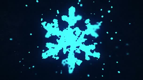 Fliegende Flüssigkeiten Und Flüssige Partikel Bilden Schneeflockenneonblau Auf Dunklem Hintergrund — Stockvideo
