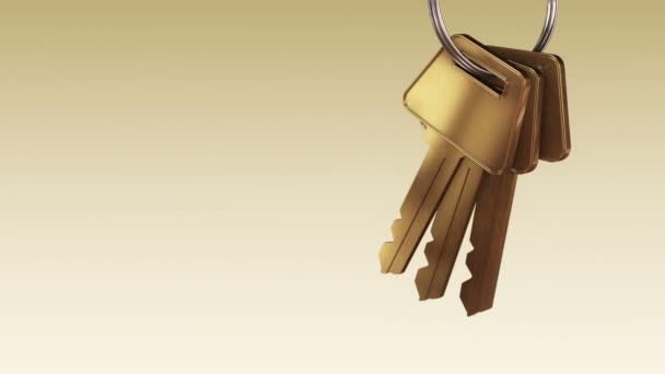 Animace Kovového Kroužku Zlatými Klíči Nového Domova Béžovém Pozadí Animace — Stock video