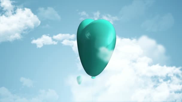 Animatie Vliegen Van Harten Vormige Groene Helium Ballonnen Bewolkte Lucht — Stockvideo