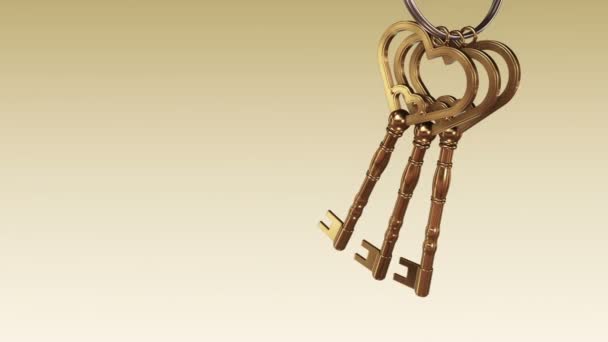 Animation Metallic Ring Golden Keys New Home Beige Background Animation — Stock Video