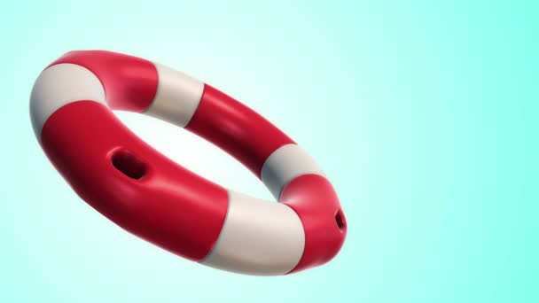 Animation Slow Rotation White Red Lifebuoy Ring Blue Background Animation — Stock Video