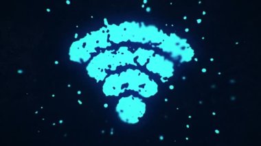 uçan sıvı ve sıvı parçacıklar koyu arkaplanda wifi neon mavisi oluştururlar