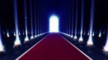 Kırmızı halıdaki yavaş hareketin soyut animasyonu, parlak zemindeki projektörler için ampuller ve arka planda titreşen düşen parçacıklar. Kusursuz döngünün animasyonu 