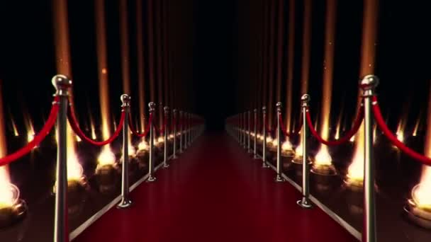 带灯泡的红地毯上缓慢移动的动画 投影机用灯泡在光滑的地板上 落下来的粒子在背景下摇曳 无缝循环动画 — 图库视频影像