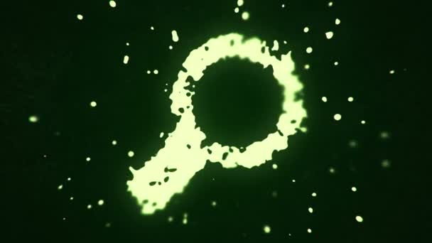 空飛ぶ流体と液体の粒子は暗い背景に虫眼鏡のシンボルを形成し シームレスなループのアニメーション — ストック動画