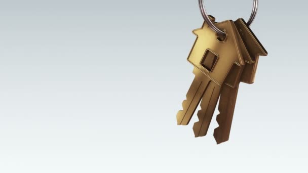 Animace Kovového Kroužku Zlatými Klíči Nového Domova Šedém Pozadí Animace — Stock video