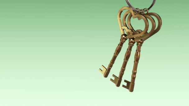 Animation Metallic Ring Golden Keys New Home Green Background Animation — Stock Video