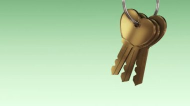 Yeşil arka plandaki yeni evimizden gelen altın anahtarlarla metalik halka animasyonu, kusursuz döngünün animasyonu 