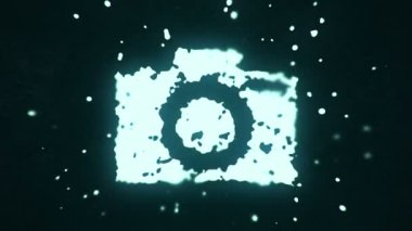 Uçan sıvı ve sıvı parçacıklar karanlık arkaplanda kamera sembolü oluştururlar, dikişsiz döngünün animasyonu