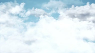 Mavi gökyüzü arkaplanındaki beyaz bulutların üzerinden uçmanın animasyonu, kusursuz döngünün animasyonu