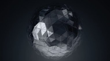 Abstract background with dark grey animation of rotating glass sphere with smooth polygonal surface,  Animation of seamless loop.