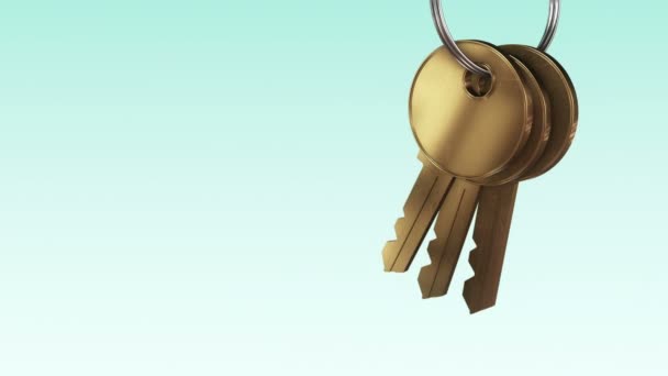 Анимация Металлического Кольца Золотыми Ключами Нового Дома Зеленом Фоне Анимация — стоковое видео