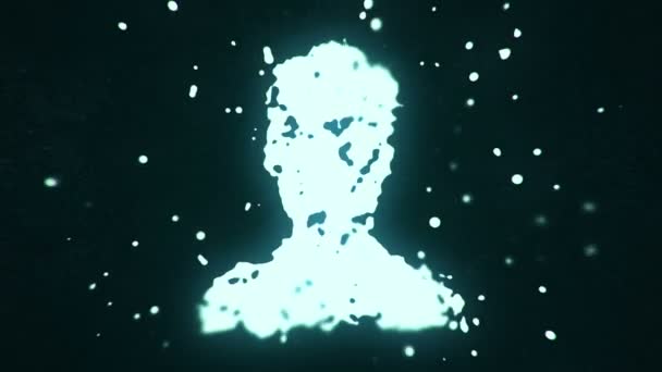 fluide volant et particules liquides forment le symbole de la personne sur fond sombre, animation de boucle transparente 