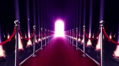 Kırmızı halıdaki yavaş hareketin soyut animasyonu, parlak zemindeki projektörler için ampuller ve arka planda titreşen düşen parçacıklar. Kusursuz döngünün animasyonu 