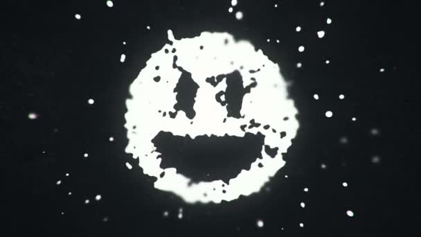 空飛ぶ流体と液体の粒子は暗い背景に笑顔の顔のシンボルを形成し シームレスなループのアニメーション — ストック動画