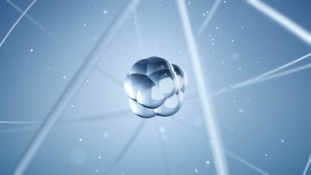 animation bleue de l'atome de rotation lente à partir du verre, animation de boucle sans couture  