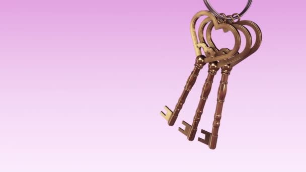 Animation of metallic ring with golden keys from new home on purple background , Animation of seamless loop