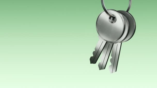Yeşil Arka Plandaki Yeni Evden Gümüş Anahtarlarla Metalik Halka Animasyonu — Stok video