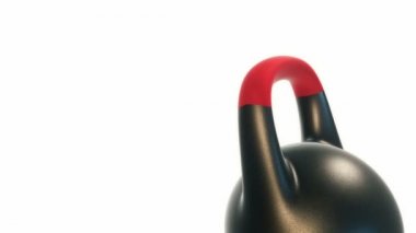 Beyaz arka planda izole edilmiş dönen kettlebell animasyonu, fitness ve atletizm kavramı. Kusursuz döngünün animasyonu