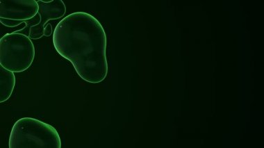 Siyah arkaplanda yükselen yeşil sıvı boya baloncukları ile soyut arkaplan, pürüzsüz döngü animasyonu