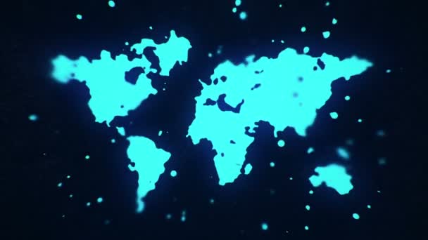 Fluído Voador Partículas Líquidas Formam Mapa Mundo Azul Néon Fundo — Vídeo de Stock