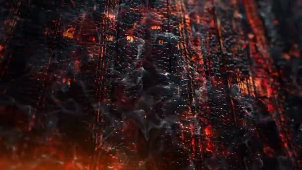 Yanan Ateşin Kırmızı Kıvılcımlarının Canlandırılması Yanan Tahta Tahtaların Üzerinde Uçması — Stok video