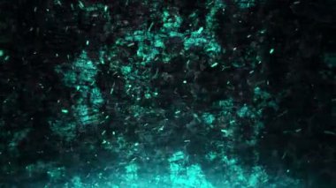 Yanan ateşin parlayan turkuaz kıvılcımlarının canlandırılması yanmış ahşap tahta arka planda uçuşması, kusursuz döngünün canlandırılması  