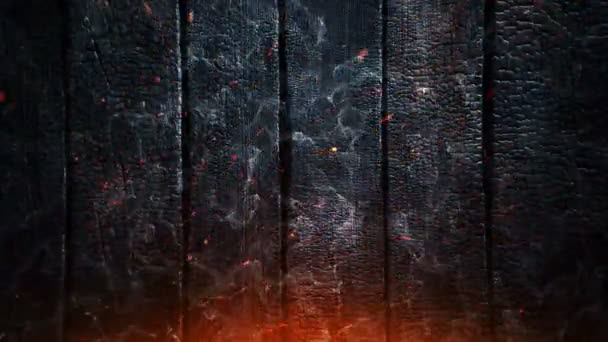 燃える木の板の上を飛ぶ炎からの赤い輝く火花のアニメーション シームレスなループのアニメーション — ストック動画