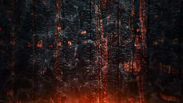 Animacja Czerwonych Świecących Iskier Płonącego Ognia Latającego Spalonym Drewnianym Tle — Wideo stockowe