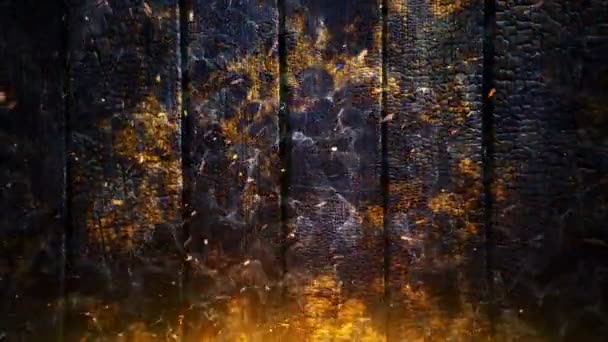 Yanan Ateşin Parlayan Turuncu Kıvılcımlarının Canlandırılması Yanmış Ahşap Kaplama Arka — Stok video