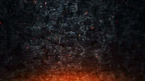 燃える木の板の上を飛ぶ炎からの赤い輝く火花のアニメーション シームレスなループのアニメーション — ストック動画