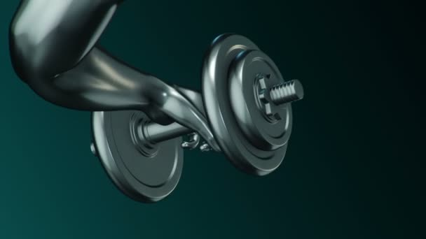 Animation of raising and lowering green male abstract hand with dumbbell doing exercises for biceps, concept of fitness and athletics. Animation of seamless loop — Stock Footage Animation Raising Lowering Green Male Abstract Hand Dumbbell Doing Exercises Stock Video