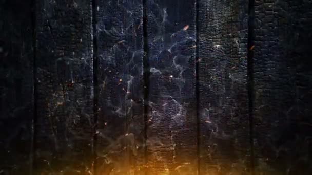 燃烧的篝火在燃烧的木板背景上燃烧的橙色闪光的动画 无缝循环的动画 — 图库视频影像