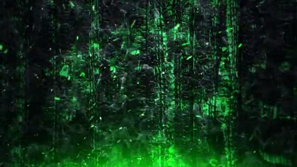 Animation des étincelles vertes de feu brûlant volant sur fond de planches de bois brûlé, Animation de boucle sans couture   