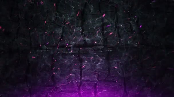 Animación Chispas Brillantes Púrpura Fuego Ardiente Volando Sobre Fondo Tablas — Vídeos de Stock