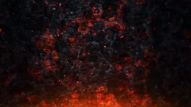 Yanan Ateşin Kırmızı Kıvılcımlarının Canlandırılması Yanan Tahta Tahtaların Üzerinde Uçması — Stok video
