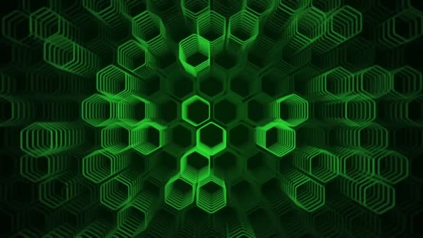 Technological Dark Background Animation Moving Green Neon Shapes Hexagons Animation — Stock Video