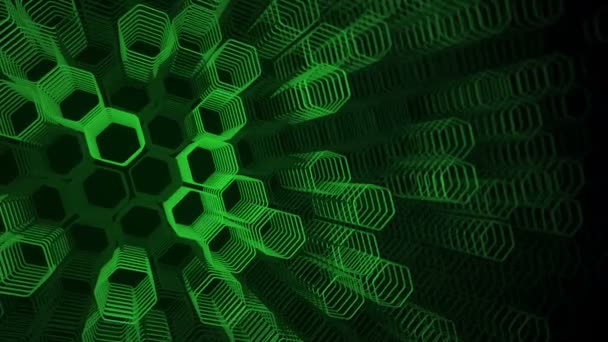 Technological Dark Background Animation Moving Green Neon Shapes Hexagons Animation — 비디오