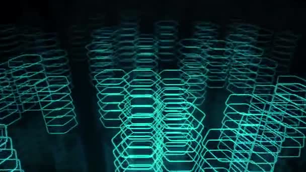 技术上的黑暗背景 动画从六边形移动的绿松石霓虹灯形状 无缝循环动画 — 图库视频影像