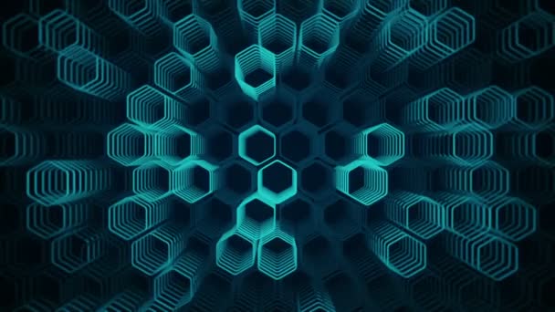 Technological Dark Background Animation Moving Turquoise Neon Shapes Hexagons Animation — Stock Video